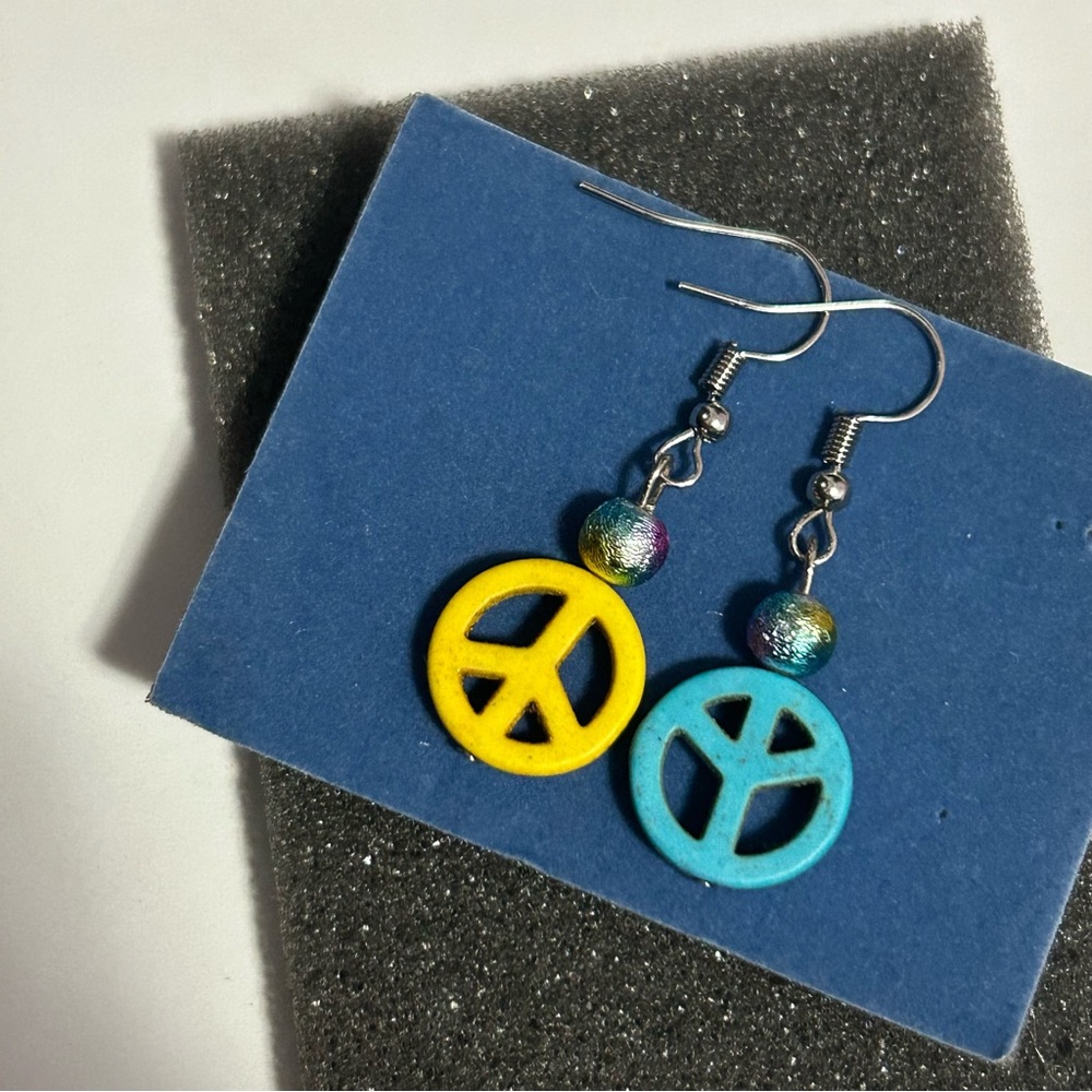 Mismatched Earings Peace Charms and Rainbow Colored Metallic Beads